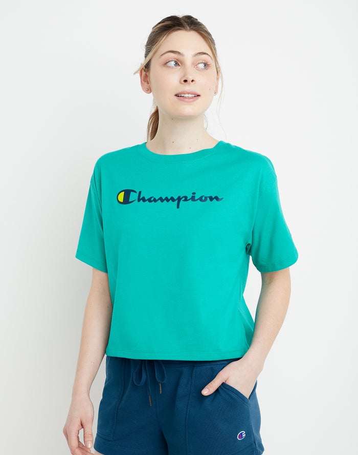 Champion Cropped Script Logo - Naisten Turkoosi T-Paita - Suomi 7162084-WG